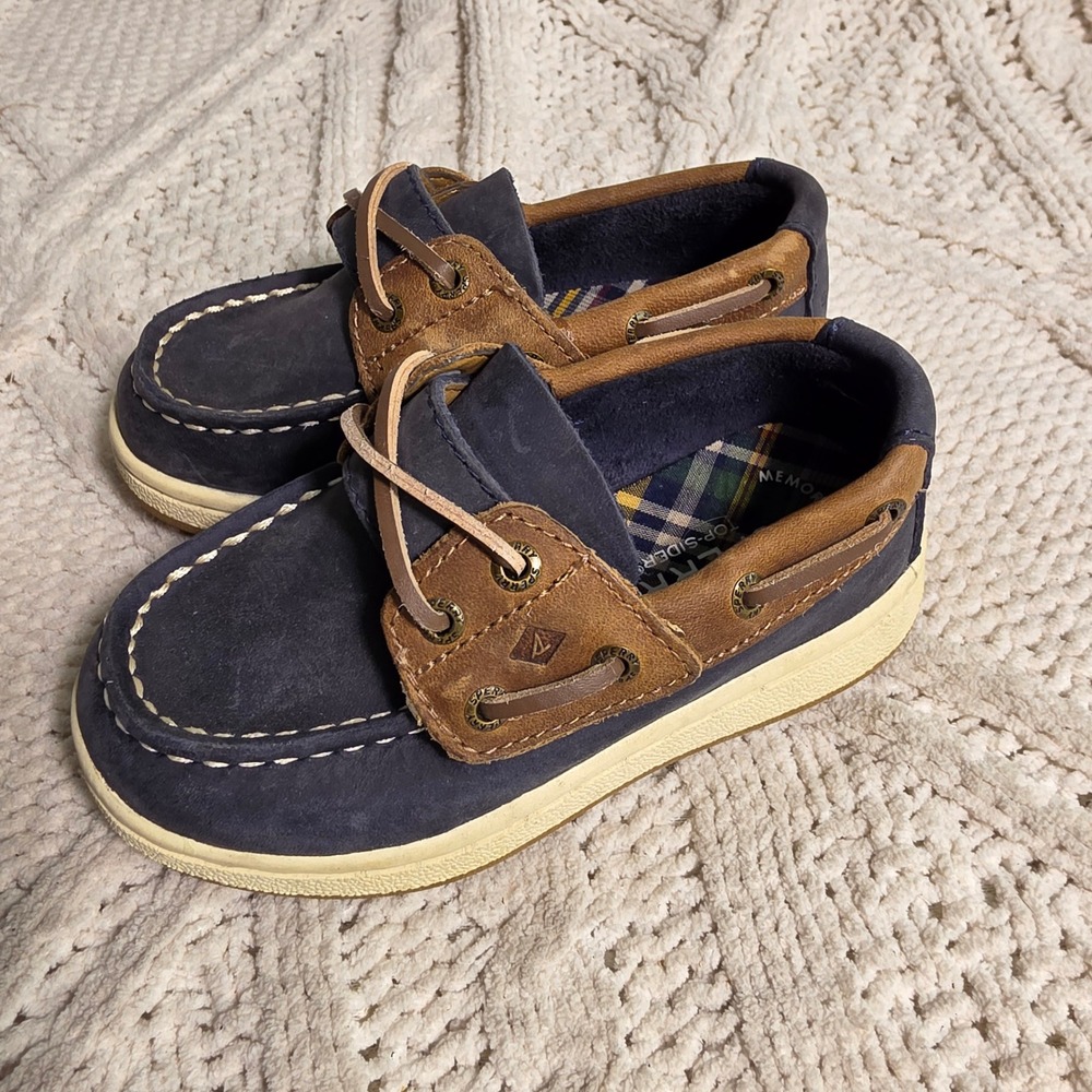 Mini Sperry Boat Shoes Navy Brown Leather Plaid Memory Foam Baby Toddler Boy 8